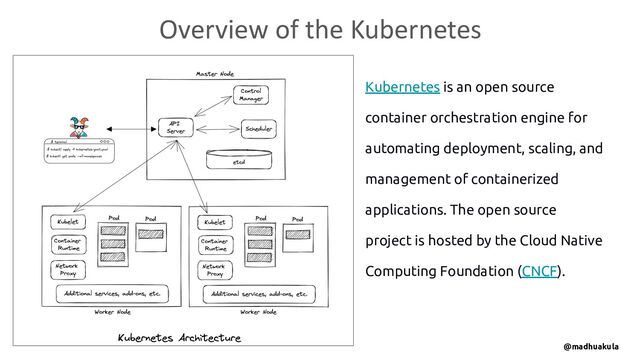 Kubernetes is an open source
container orchestration engine for
automating deployment, scaling, and
management of containerized
applications. The open source
project is hosted by the Cloud Native
Computing Foundation (CNCF).
Overview of the Kubernetes
@madhuakula
