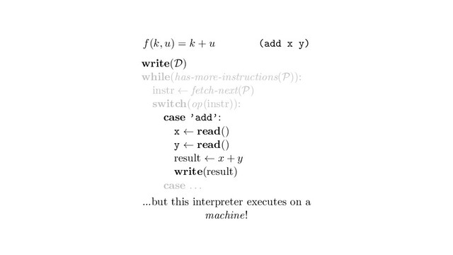 f(k, u) = k + u (add x y)
write(D)
while(has-more-instructions(P)):
instr ← fetch-next(P)
switch(op(instr)):
case ’add’:
x ← read()
y ← read()
result ← x + y
write(result)
case . . .
...but this interpreter executes on a
machine!
