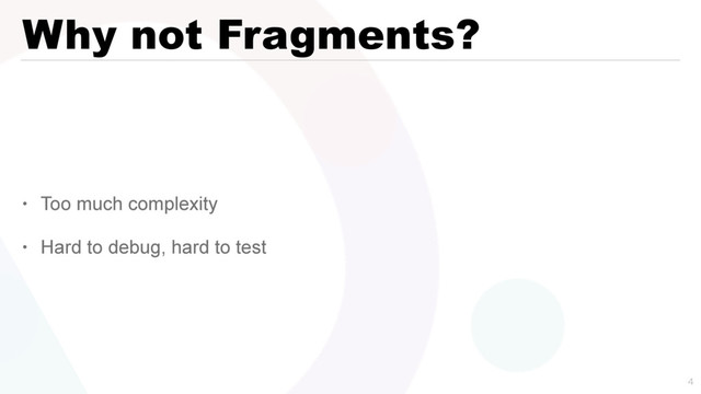 Why not Fragments?
• Too much complexity
• Hard to debug, hard to test

