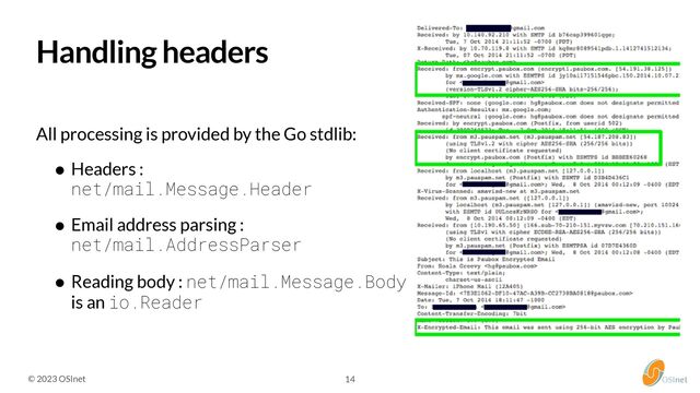 © 2023 OSInet 14
Handling headers


All processing is provided by the Go stdlib:


• Headers :
 
net/mail.Message.Header


• Email address parsing :
 
net/mail.AddressParser


• Reading body : net/mail.Message.Body
 
is an io.Reader
