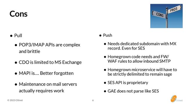 © 2023 OSInet 6
Cons
• Pull


• POP3/IMAP APIs are complex
and brittle


• CDO is limited to MS Exchange


• MAPI is…. Better forgotten


• Maintenance on mail servers
actually requires work
• Push


• Needs dedicated subdomain with MX
record. Even for SES


• Homegrown code needs and FW/
WAF rules to allow inbound SMTP


• Homegrown microservice will have to
be strictly delimited to remain sage


• SES API is proprietary


• GAE does not parse like SES
