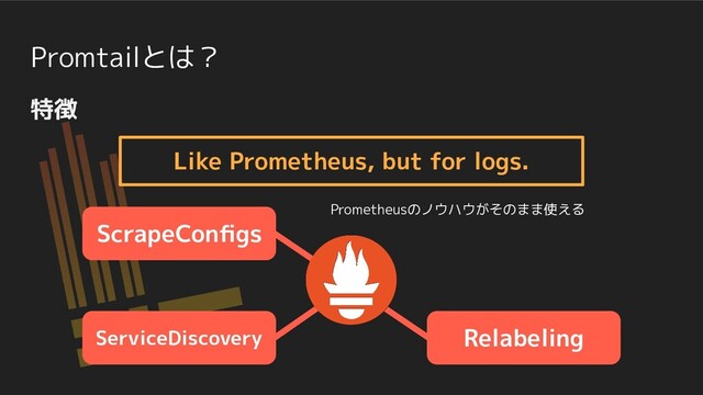 Promtailとは？
Like Prometheus, but for logs.
ScrapeConﬁgs
Relabeling
Prometheusのノウハウがそのまま使える

特徴
ServiceDiscovery
