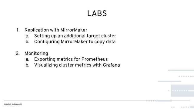 LABS
1. Replication with MirrorMaker
a. Setting up an additional target cluster
b. Conﬁguring MirrorMaker to copy data
2. Monitoring
a. Exporting metrics for Prometheus
b. Visualizing cluster metrics with Grafana
