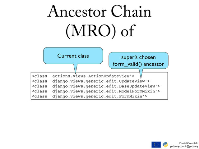 Daniel Greenfeld
pydanny.com / @pydanny
Ancestor Chain
(MRO) of





super’s chosen
form_valid() ancestor
Current class
