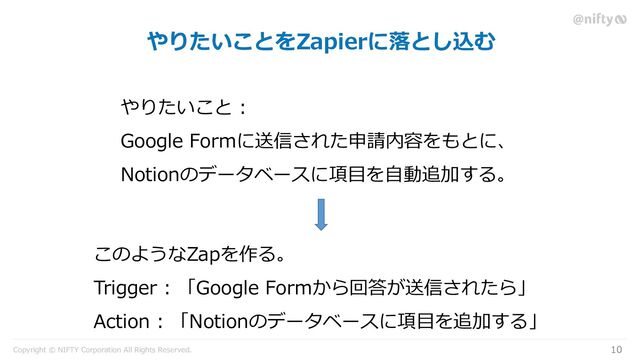 Copyright © NIFTY Corporation All Rights Reserved.
やりたいことをZapierに落とし込む
10
やりたいこと :
Google Formに送信された申請内容をもとに、
Notionのデータベースに項目を自動追加する。
このようなZapを作る。
Trigger : 「Google Formから回答が送信されたら」
Action : 「Notionのデータベースに項目を追加する」
