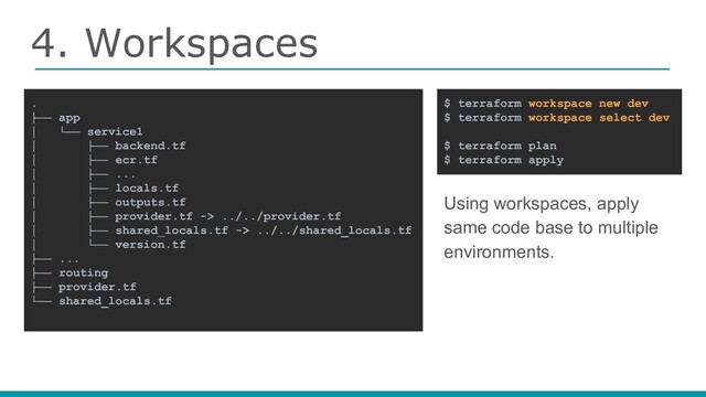 4. Workspaces
Using workspaces, apply
same code base to multiple
environments.
.
├── app
│ └── service1
│ ├── backend.tf
│ ├── ecr.tf
│ ├── ...
│ ├── locals.tf
│ ├── outputs.tf
│ ├── provider.tf -> ../../provider.tf
│ ├── shared_locals.tf -> ../../shared_locals.tf
│ └── version.tf
├── ...
├── routing
├── provider.tf
└── shared_locals.tf
$ terraform workspace new dev
$ terraform workspace select dev
$ terraform plan
$ terraform apply
