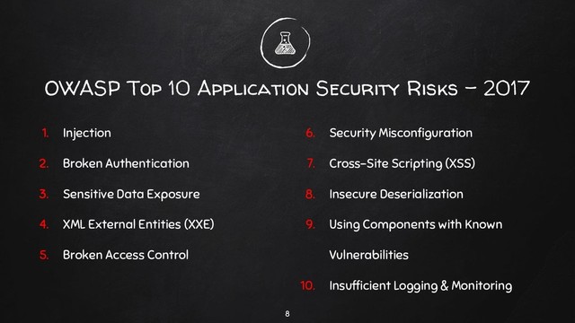 1. Injection
2. Broken Authentication
3. Sensitive Data Exposure
4. XML External Entities (XXE)
5. Broken Access Control
OWASP Top 10 Application Security Risks - 2017
6. Security Misconﬁguration
7. Cross-Site Scripting (XSS)
8. Insecure Deserialization
9. Using Components with Known
Vulnerabilities
10. Insufﬁcient Logging & Monitoring
8
