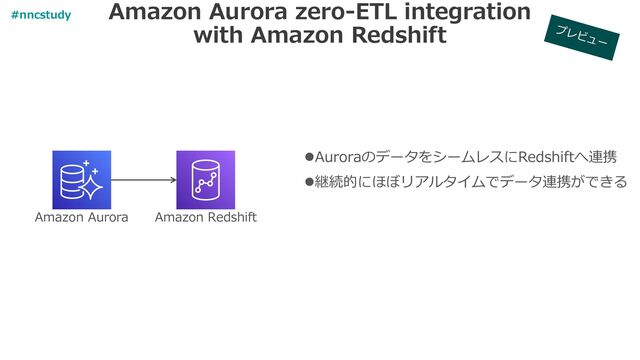 Amazon Aurora zero-ETL integration
with Amazon Redshift
Amazon Aurora Amazon Redshift
⚫AuroraのデータをシームレスにRedshiftへ連携
⚫継続的にほぼリアルタイムでデータ連携ができる
#nncstudy
