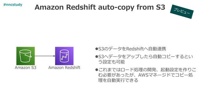 Amazon Redshift auto-copy from S3
Amazon Redshift
⚫S3のデータをRedshiftへ自動連携
⚫S3へデータをアップしたら自動コピーするとい
う設定も可能
⚫これまではロード処理の開発、起動設定を作りこ
む必要があったが、AWSマネージドでコピー処
理を自動実行できる
Amazon S3
#nncstudy
