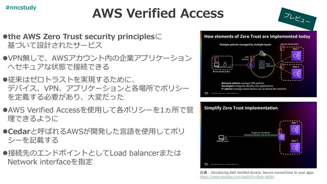AWS Verified Access
⚫the AWS Zero Trust security principlesに
基づいて設計されたサービス
⚫VPN無しで、AWSアカウント内の企業アプリケーション
へセキュアな状態で接続できる
⚫従来はゼロトラストを実現するために、
デバイス、VPN、アプリケーションと各場所でポリシー
を定義する必要があり、大変だった
⚫AWS Verified Accessを使用して各ポリシーを1ヵ所で管
理できるように
⚫Cedarと呼ばれるAWSが開発した言語を使用してポリ
シーを記載する
⚫接続先のエンドポイントとしてLoad balancerまたは
Network interfaceを指定
出典：Introducing AWS Verified Access: Secure connections to your apps
https://www.youtube.com/watch?v=Kkxn-bAIlnI
#nncstudy
