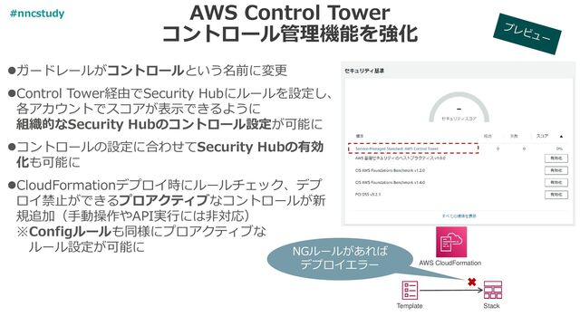 AWS Control Tower
コントロール管理機能を強化
⚫ガードレールがコントロールという名前に変更
⚫Control Tower経由でSecurity Hubにルールを設定し、
各アカウントでスコアが表示できるように
組織的なSecurity Hubのコントロール設定が可能に
⚫コントロールの設定に合わせてSecurity Hubの有効
化も可能に
⚫CloudFormationデプロイ時にルールチェック、デプ
ロイ禁止ができるプロアクティブなコントロールが新
規追加（手動操作やAPI実行には非対応）
※Configルールも同様にプロアクティブな
ルール設定が可能に
AWS CloudFormation
Template Stack
NGルールがあれば
デプロイエラー
#nncstudy
