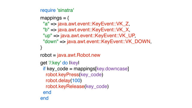 require 'sinatra'
mappings = {
"a" => java.awt.event::KeyEvent::VK_Z,
"b" => java.awt.event::KeyEvent::VK_X,
"up" => java.awt.event::KeyEvent::VK_UP,
"down" => java.awt.event::KeyEvent::VK_DOWN,
}
robot = java.awt.Robot.new
get '/:key' do |key|
if key_code = mappings[key.downcase]
robot.keyPress(key_code)
robot.delay(100)
robot.keyRelease(key_code)
end
end
