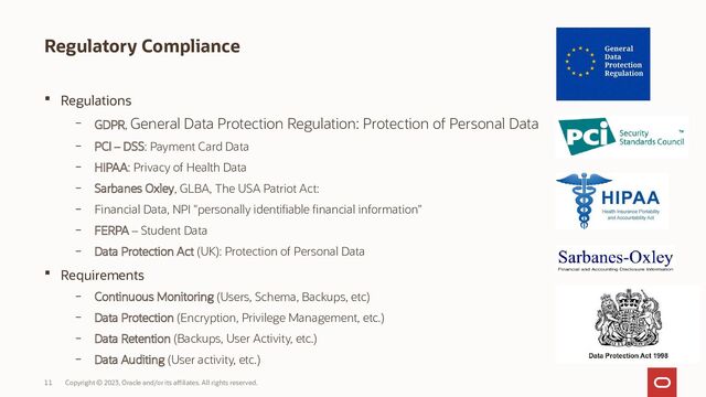 Copyright © 2023, Oracle and/or its affiliates. All rights reserved.
11
Regulatory Compliance
 Regulations
– GDPR, General Data Protection Regulation: Protection of Personal Data
– PCI – DSS: Payment Card Data
– HIPAA: Privacy of Health Data
– Sarbanes Oxley, GLBA, The USA Patriot Act:
– Financial Data, NPI "personally identifiable financial information"
– FERPA – Student Data
– Data Protection Act (UK): Protection of Personal Data
 Requirements
– Continuous Monitoring (Users, Schema, Backups, etc)
– Data Protection (Encryption, Privilege Management, etc.)
– Data Retention (Backups, User Activity, etc.)
– Data Auditing (User activity, etc.)
