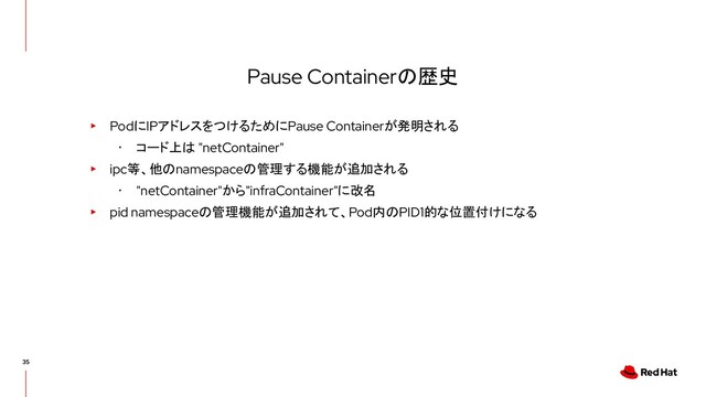 Pause Containerの歴史
▸ PodにIPアドレスをつけるためにPause Containerが発明される
･ コード上は "netContainer"
▸ ipc等、他のnamespaceの管理する機能が追加される
･ "netContainer"から"infraContainer"に改名
▸ pid namespaceの管理機能が追加されて、Pod内のPID1的な位置付けになる
