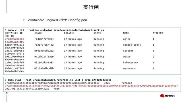 実行例
▸ containerd - nginxコンテナのconfig.json
$ sudo crictl --runtime-endpoint /run/containerd/containerd.sock ps
CONTAINER ID IMAGE CREATED STATE NAME ATTEMPT
POD ID
277da9929586e f6d0b4767a6c4 17 hours ago Running nginx 1
e403c69ae4d05
125847a0f1c12 fd317373544e2 17 hours ago Running centos-tools 1
d876d9ff1c42b
daa3979d50058 bfe3a36ebd252 17 hours ago Running coredns 1
a1c0ee77cf87b
9961db1e7be83 9c10b22775a29 17 hours ago Running weave 2
fb0ef49b5556a
b2fec31098fd9 43154ddb57a83 17 hours ago Running kube-proxy 1
b0b048a354e07
1b06e2c047289 0215a709bdd9b 17 hours ago Running weave-npc 1
fb0ef49b5556a
$ sudo runc --root /run/containerd/runc/k8s.io list | grep 277da9929586e
277da9929586e1c5818b4976d489e421aca750020a09912ba89cab41206e4687 3225 running
/run/containerd/io.containerd.runtime.v2.task/k8s.io/277da9929586e1c5818b4976d489e421aca750020a09912ba89cab41206e4687
2021-01-26T15:40:45.183504303Z root
