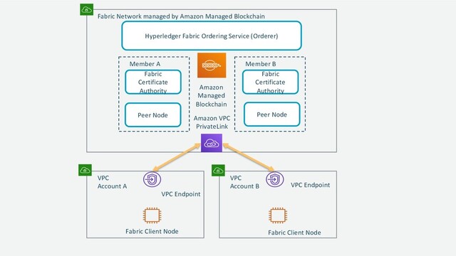 Fabric Network managed by Amazon Managed Blockchain
VPC
Account A
VPC
Account B
Hyperledger Fabric Ordering Service (Orderer)
Fabric
Certificate
Authority
Peer Node
Member A
Fabric Client Node
Fabric
Certificate
Authority
Peer Node
Member B
Amazon VPC
PrivateLink
VPC Endpoint
VPC Endpoint
Amazon
Managed
Blockchain
Fabric Client Node
