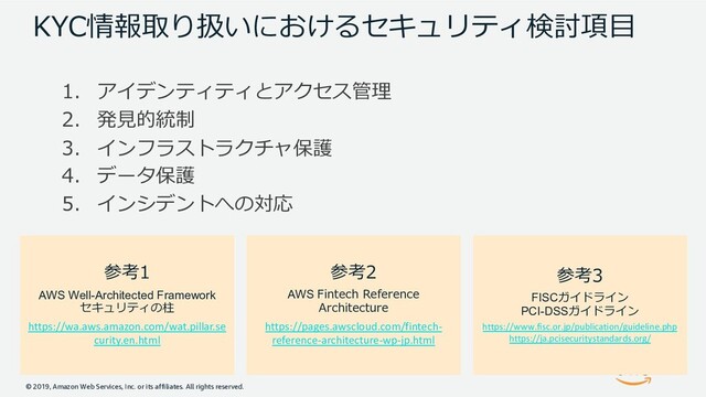 © 2019, Amazon Web Services, Inc. or its affiliates. All rights reserved.
Y e4 5 A f
c
R
3F
C
AWS Well-Architected Framework
A
https://wa.aws.amazon.com/wat.pillar.se
curity.en.html
AWS . 1
.1 12
https://pages.awscloud.com/fintech-
reference-architecture-wp-jp.html
FISC K
PCI-DSS K
https://www.fisc.or.jp/publication/guideline.php
https://ja.pcisecuritystandards.org/
