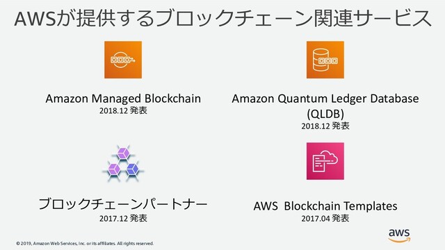 © 2019, Amazon Web Services, Inc. or its affiliates. All rights reserved.
AWS
 
Amazon Managed Blockchain
2018.12 
Amazon Quantum Ledger Database
(QLDB)
2018.12 

 
2017.12 
AWS Blockchain Templates
2017.04 
