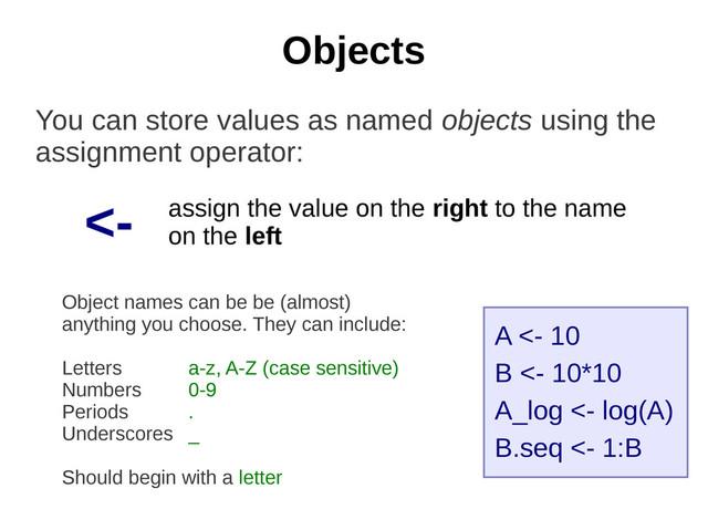 Objects
You can store values as named objects using the
assignment operator:
<- assign the value on the right to the name
on the left
A <- 10
B <- 10*10
A_log <- log(A)
B.seq <- 1:B
Object names can be be (almost)
anything you choose. They can include:
Letters a-z, A-Z (case sensitive)
Numbers 0-9
Periods .
Underscores _
Should begin with a letter
