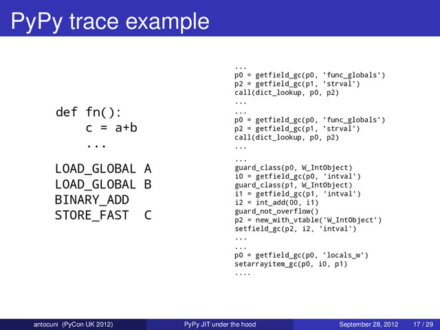 PyPy trace example
def fn():
c = a+b
...
LOAD_GLOBAL A
LOAD_GLOBAL B
BINARY_ADD
STORE_FAST C
...
p0 = getfield_gc(p0, 'func_globals')
p2 = getfield_gc(p1, 'strval')
call(dict_lookup, p0, p2)
...
...
p0 = getfield_gc(p0, 'func_globals')
p2 = getfield_gc(p1, 'strval')
call(dict_lookup, p0, p2)
...
...
guard_class(p0, W_IntObject)
i0 = getfield_gc(p0, 'intval')
guard_class(p1, W_IntObject)
i1 = getfield_gc(p1, 'intval')
i2 = int_add(00, i1)
guard_not_overflow()
p2 = new_with_vtable('W_IntObject')
setfield_gc(p2, i2, 'intval')
...
...
p0 = getfield_gc(p0, 'locals_w')
setarrayitem_gc(p0, i0, p1)
....
antocuni (PyCon UK 2012) PyPy JIT under the hood September 28, 2012 17 / 29
