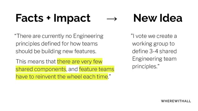 Facts + Impact → New Idea
“There are currently no Engineering
principles deﬁned for how teams
should be building new features.
This means that there are very few
shared components, and feature teams
have to reinvent the wheel each time.”
”I vote we create a
working group to
deﬁne 3-4 shared
Engineering team
principles.”
