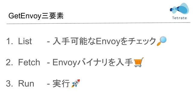 GetEnvoy三要素
1. List - 入手可能なEnvoyをチェック
2. Fetch - Envoyバイナリを入手
3. Run - 実行
