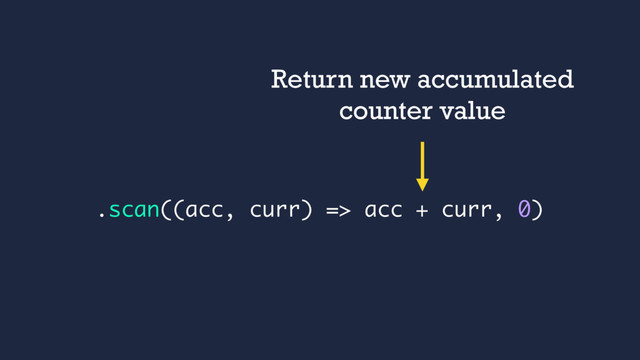 .scan((acc, curr) => acc + curr, 0)
Return new accumulated
counter value

