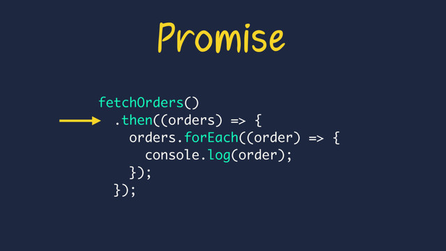 Promise
fetchOrders()
.then((orders) => {
orders.forEach((order) => {
console.log(order);
});
});

