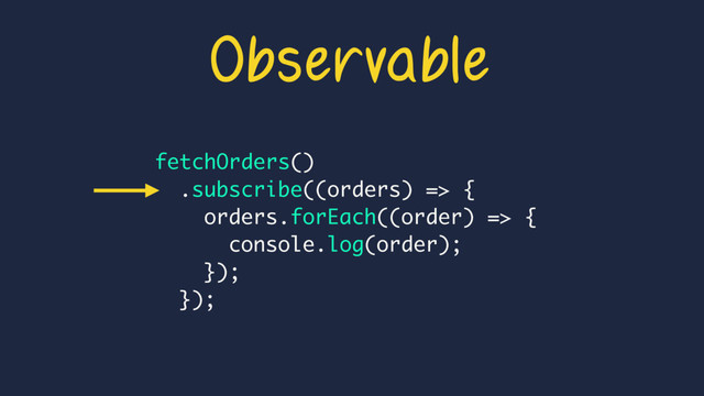Observable
fetchOrders()
.subscribe((orders) => {
orders.forEach((order) => {
console.log(order);
});
});
