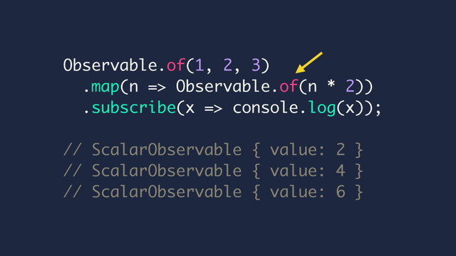 Observable.of(1, 2, 3)
.map(n => Observable.of(n * 2))
.subscribe(x => console.log(x));
// ScalarObservable { value: 2 }
// ScalarObservable { value: 4 }
// ScalarObservable { value: 6 }
