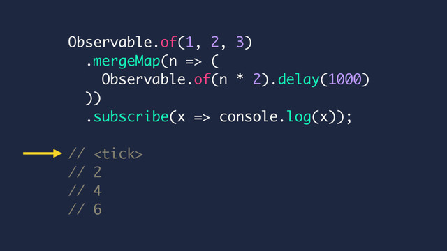 Observable.of(1, 2, 3)
.mergeMap(n => (
Observable.of(n * 2).delay(1000)
))
.subscribe(x => console.log(x));
// 
// 2
// 4
// 6
