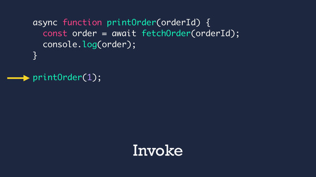 async function printOrder(orderId) {
const order = await fetchOrder(orderId);
console.log(order);
}
printOrder(1);
Invoke
