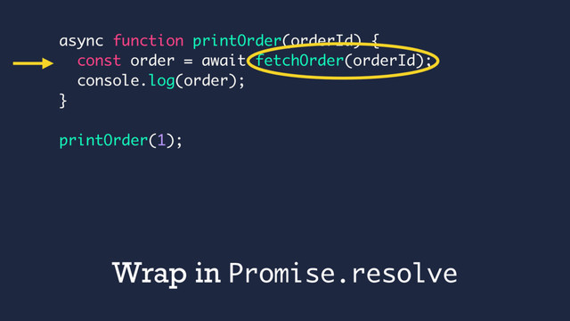 async function printOrder(orderId) {
const order = await fetchOrder(orderId);
console.log(order);
}
printOrder(1);
Wrap in Promise.resolve
