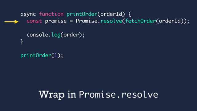 Wrap in Promise.resolve
async function printOrder(orderId) {
const promise = Promise.resolve(fetchOrder(orderId));
console.log(order);
}
printOrder(1);
