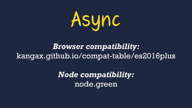 Browser compatibility: 
kangax.github.io/compat-table/es2016plus
Node compatibility: 
node.green
Async
