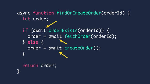 async function findOrCreateOrder(orderId) {
let order;
if (await orderExists(orderId)) {
order = await fetchOrder(orderId);
} else {
order = await createOrder();
}
return order;
}
