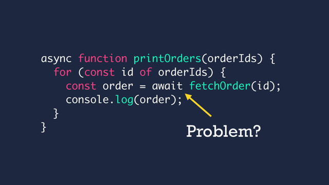 async function printOrders(orderIds) {
for (const id of orderIds) {
const order = await fetchOrder(id);
console.log(order);
}
} Problem?

