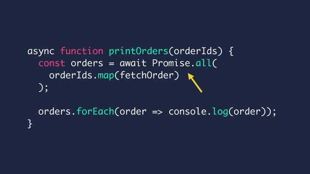 async function printOrders(orderIds) {
const orders = await Promise.all(
orderIds.map(fetchOrder)
);
orders.forEach(order => console.log(order));
}

