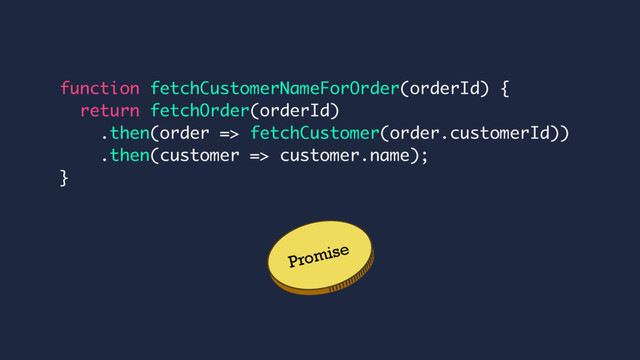 Promise
function fetchCustomerNameForOrder(orderId) {
return fetchOrder(orderId)
.then(order => fetchCustomer(order.customerId))
.then(customer => customer.name);
}
