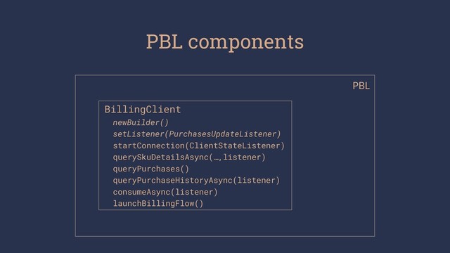 PBL components
PBL
BillingClient
newBuilder()
setListener(PurchasesUpdateListener)
startConnection(ClientStateListener)
querySkuDetailsAsync(…,listener)
queryPurchases()
queryPurchaseHistoryAsync(listener)
consumeAsync(listener)
launchBillingFlow()
