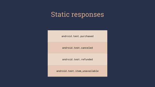 Static responses
android.test.purchased
android.test.canceled
android.test.refunded
android.test.item_unavailable
