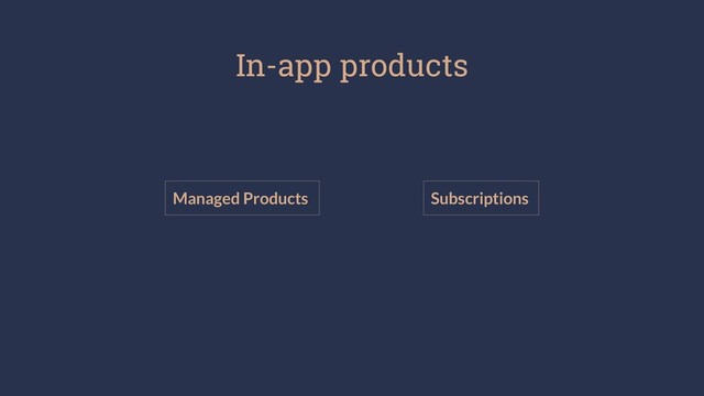 In-app products
Subscriptions
Managed Products
