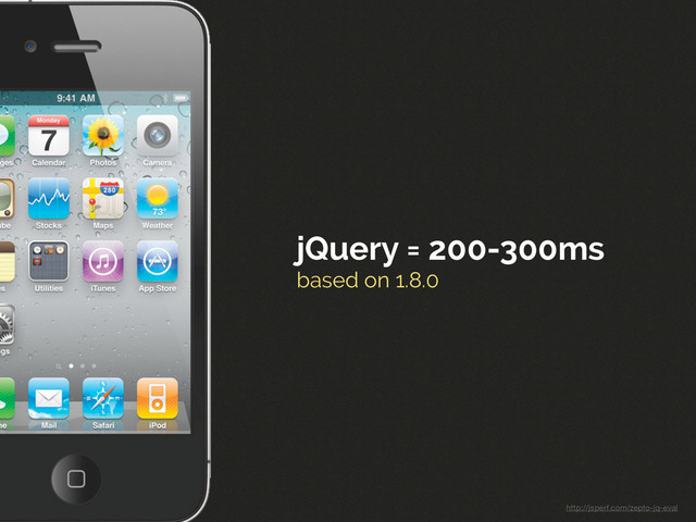 jQuery = 200-300ms
based on 1.8.0
http://jsperf.com/zepto-jq-eval
