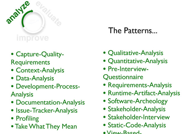 analyze evaluate
improve
• Capture-Quality-
Requirements
• Context-Analysis
• Data-Analysis
• Development-Process-
Analysis
• Documentation-Analysis
• Issue-Tracker-Analysis
• Proﬁling
• Take What They Mean
The Patterns...
• Qualitative-Analysis
• Quantitative-Analysis
• Pre-Interview-
Questionnaire
• Requirements-Analysis
• Runtime-Artifact-Analysis
• Software-Archeology
• Stakeholder-Analysis
• Stakeholder-Interview
• Static-Code-Analysis
