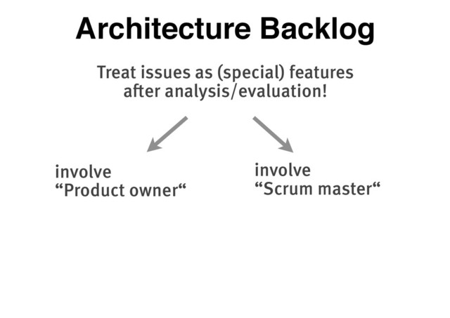 Architecture Backlog
Treat issues as (special) features
after analysis/evaluation!
involve
“Scrum master“
involve
“Product owner“
