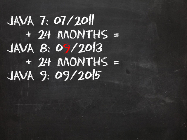 Java 7: 07/2011
+ 24 months =
Java 8: 09/2013
+ 24 months =
Java 9: 09/2015
