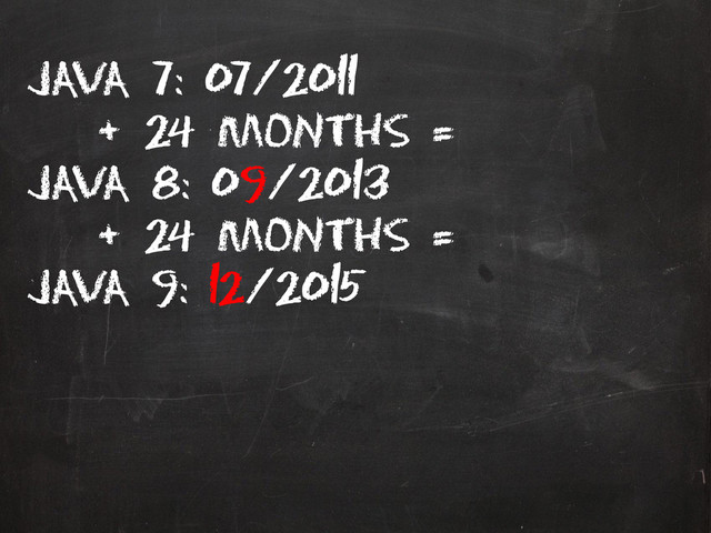 Java 7: 07/2011
+ 24 months =
Java 8: 09/2013
+ 24 months =
Java 9: 12/2015
