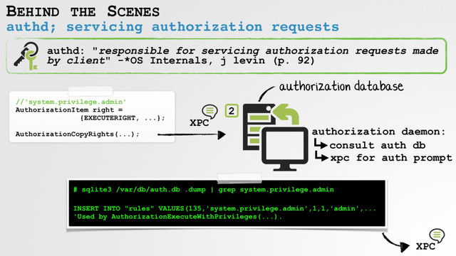 authd; servicing authorization requests
BEHIND THE SCENES
authd: "responsible for servicing authorization requests made
by client" -*OS Internals, j levin (p. 92)
2
authorization database
# sqlite3 /var/db/auth.db .dump | grep system.privilege.admin
INSERT INTO "rules" VALUES(135,'system.privilege.admin',1,1,'admin',... 
'Used by AuthorizationExecuteWithPrivileges(...).
XPC
XPC
//'system.privilege.admin'
AuthorizationItem right =
{EXECUTERIGHT, ...};
AuthorizationCopyRights(...); authorization daemon:
consult auth db
xpc for auth prompt
