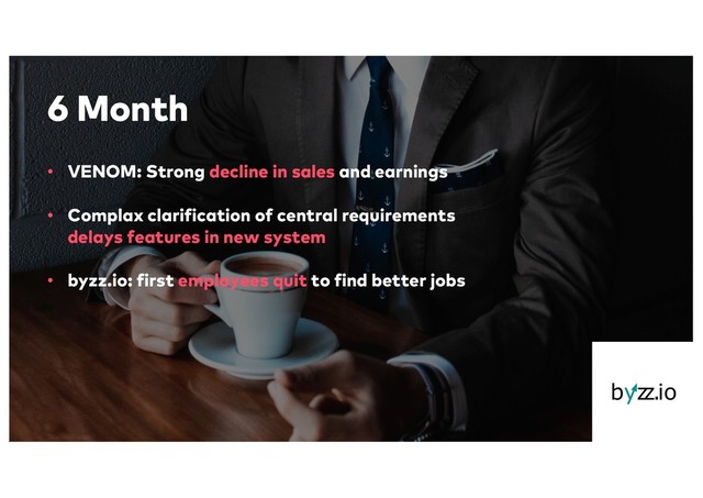 6 Month
• VENOM: Strong decline in sales and earnings
• Complax clarification of central requirements
delays features in new system
• byzz.io: first employees quit to find better jobs
