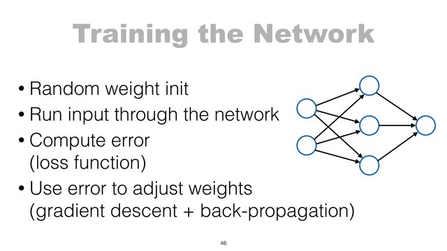 Training the Network
46
• Random weight init
• Run input through the network
• Compute error 
(loss function)
• Use error to adjust weights 
(gradient descent + back-propagation)
